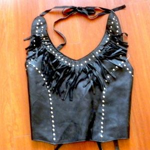 Fringe Halter Studded Crop Top Leather